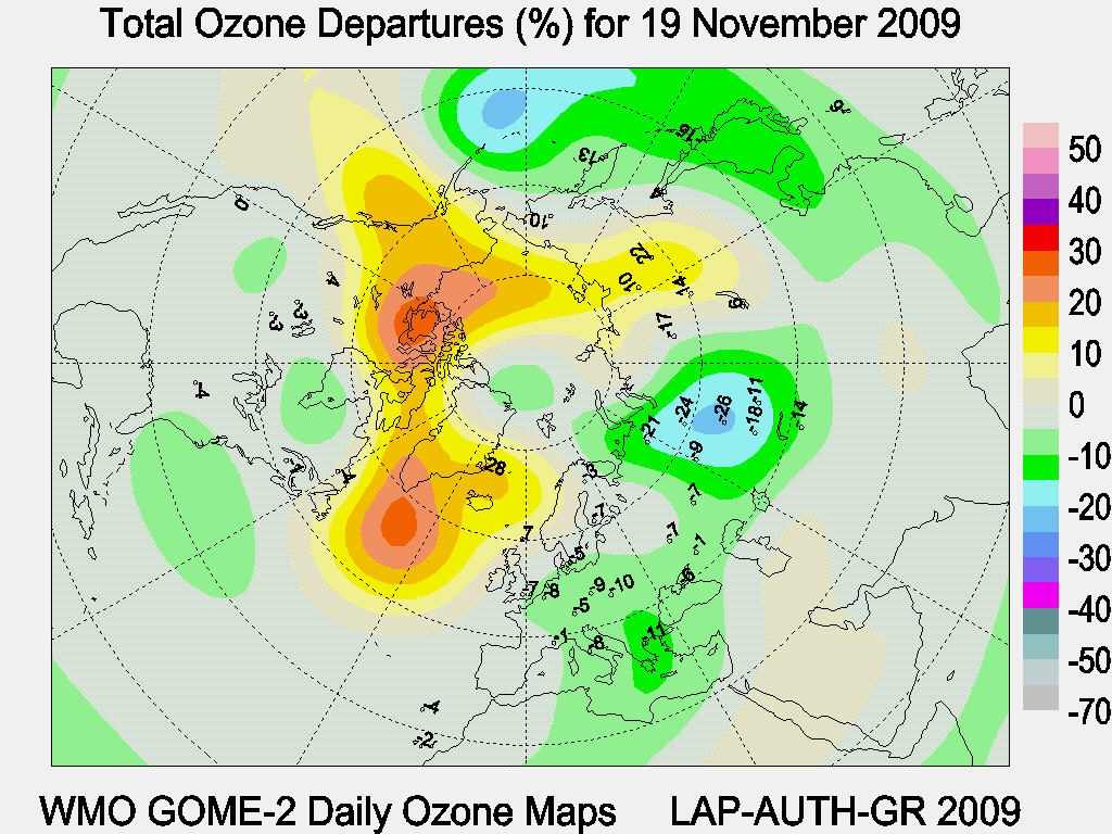 Total Ozone Departures (%) map for yesterday