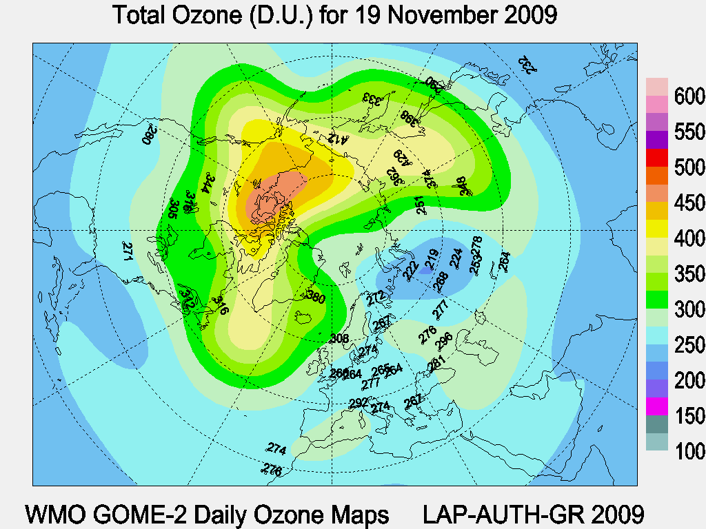 Total Ozone D.U. map for yesterday