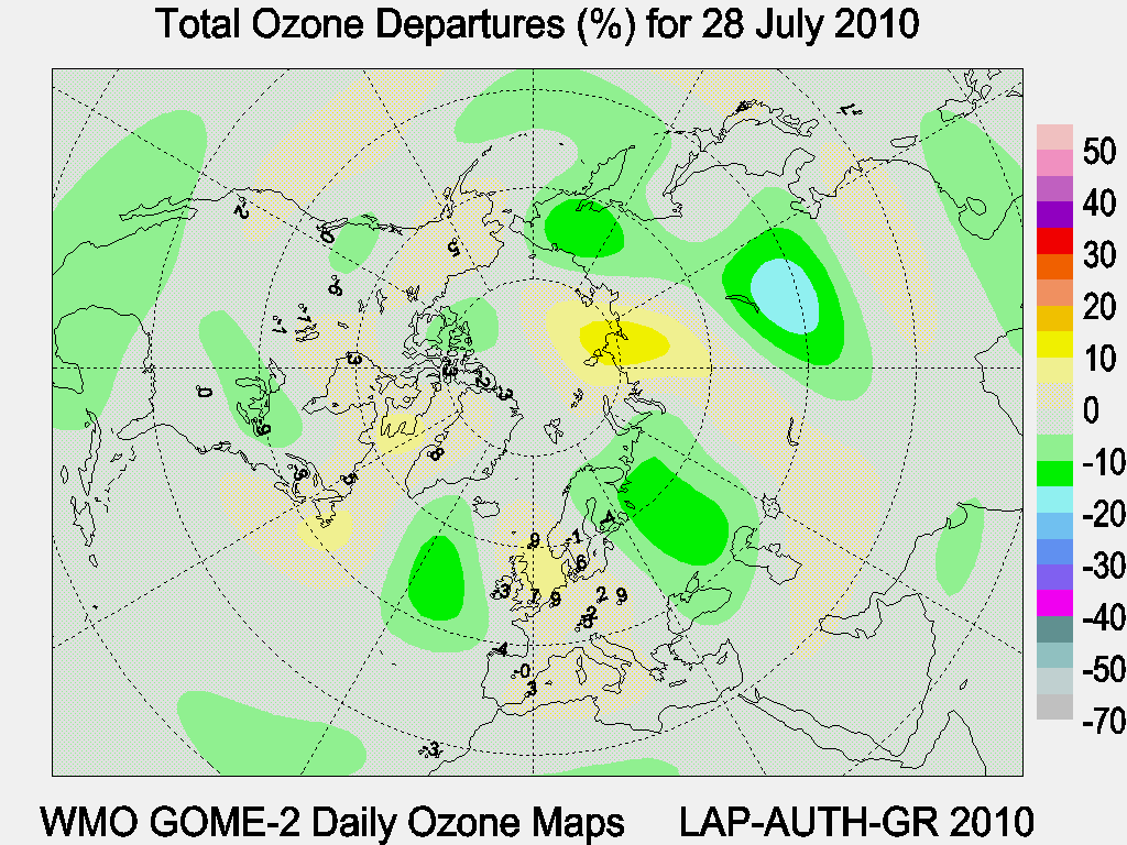 Total Ozone Departures (%) map for yesterday