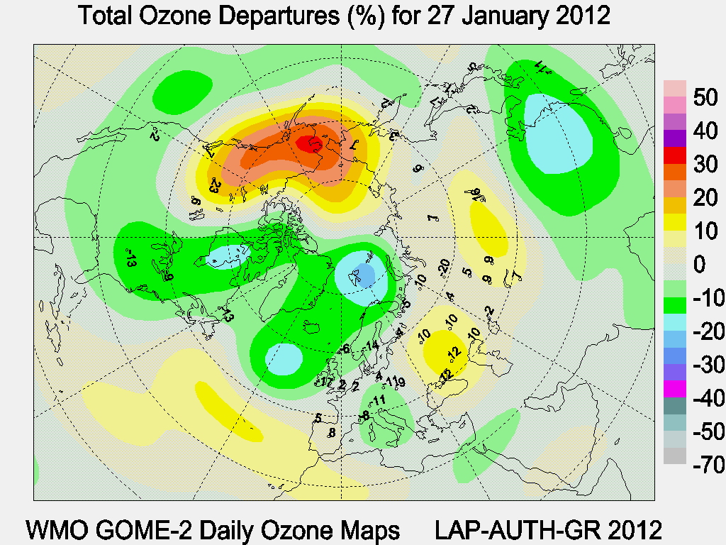 Total Ozone Departures (%) map for yesterday