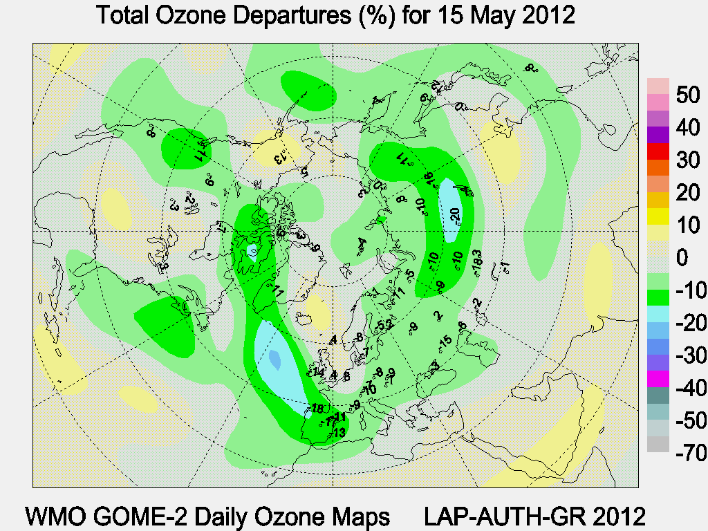 Total Ozone Departures (%) map for yesterday