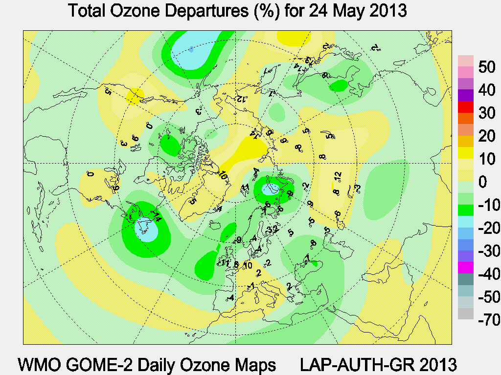 Total Ozone Departures (%) map for yesterday