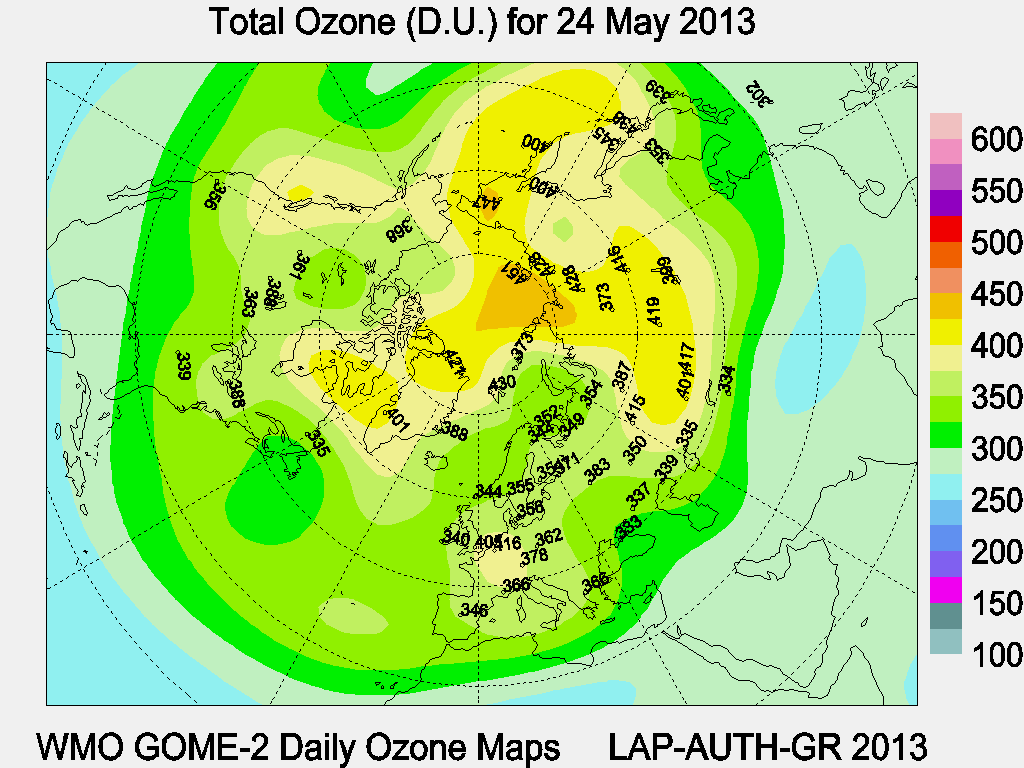 Total Ozone D.U. map for yesterday