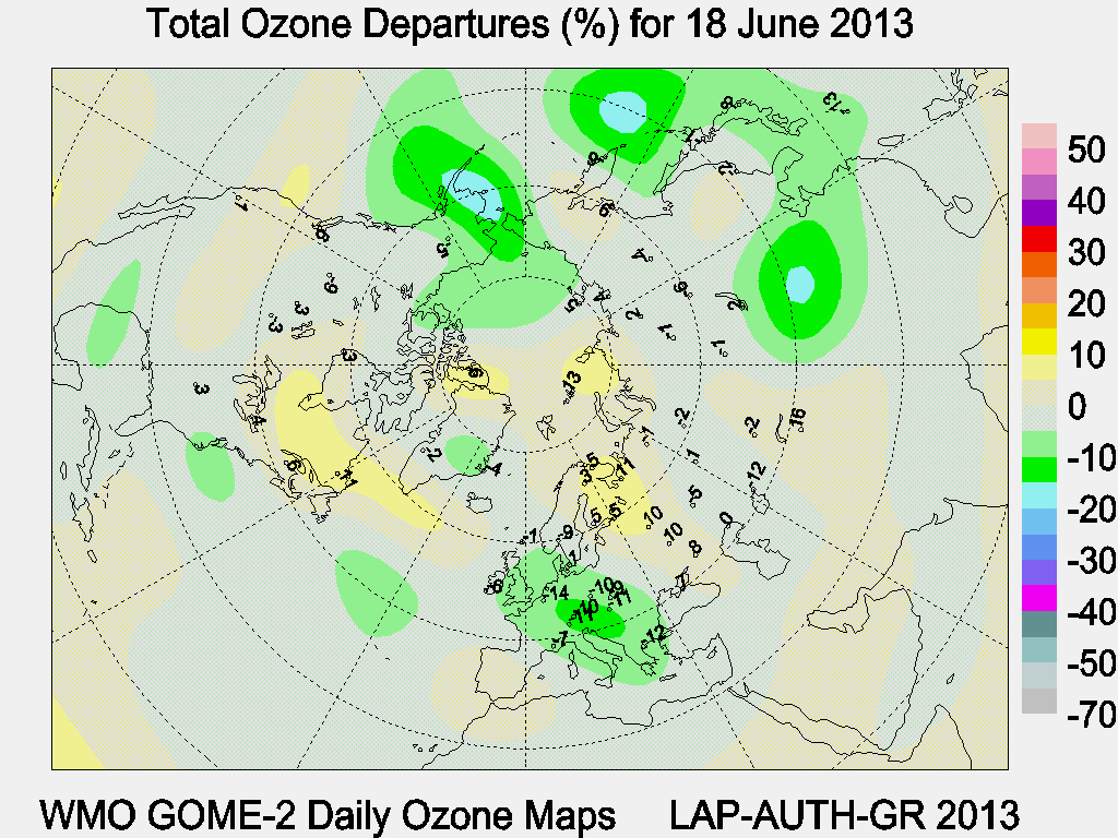 Total Ozone Departures (%) map for yesterday