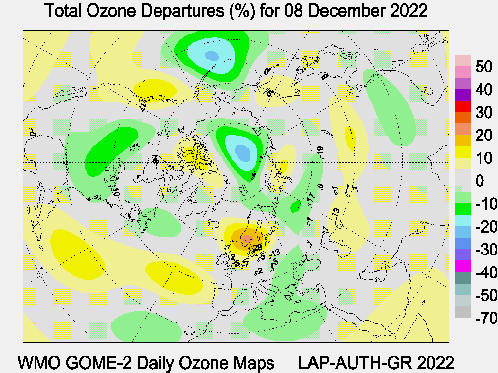 Total Ozone Departures (%) map for yesterday
