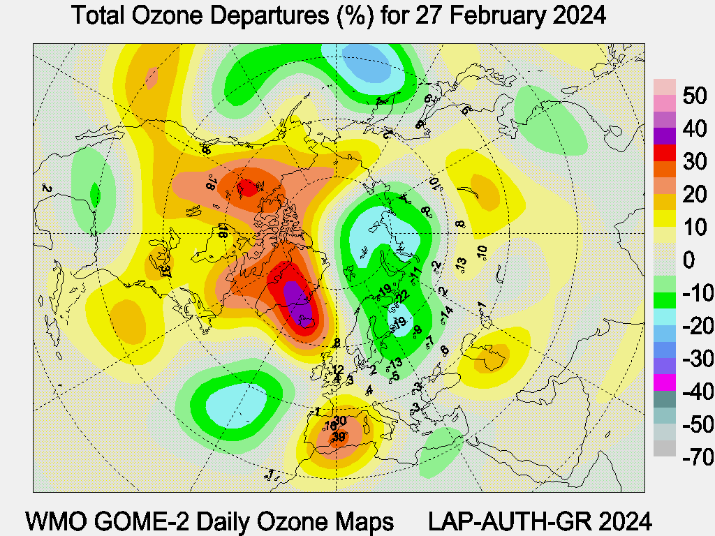 Total Ozone Departures (%) map for yesterday