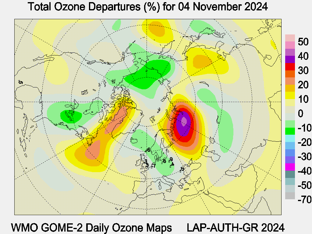 Total Ozone Departures (%) map for yesterday