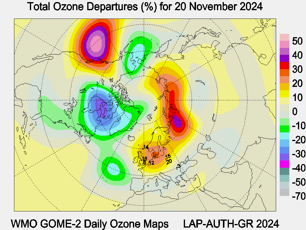 Total Ozone Departures (%) map for yesterday