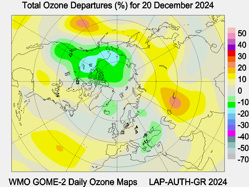 Total Ozone Departures (%) map for yesterday