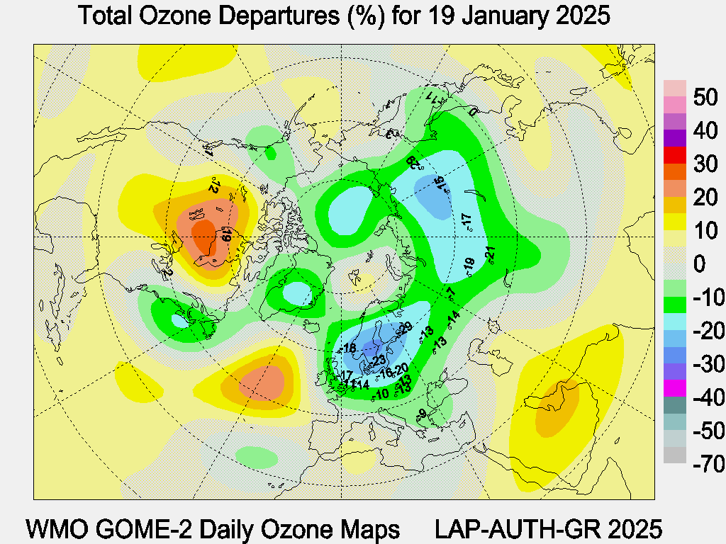 Total Ozone Departures (%) map for yesterday