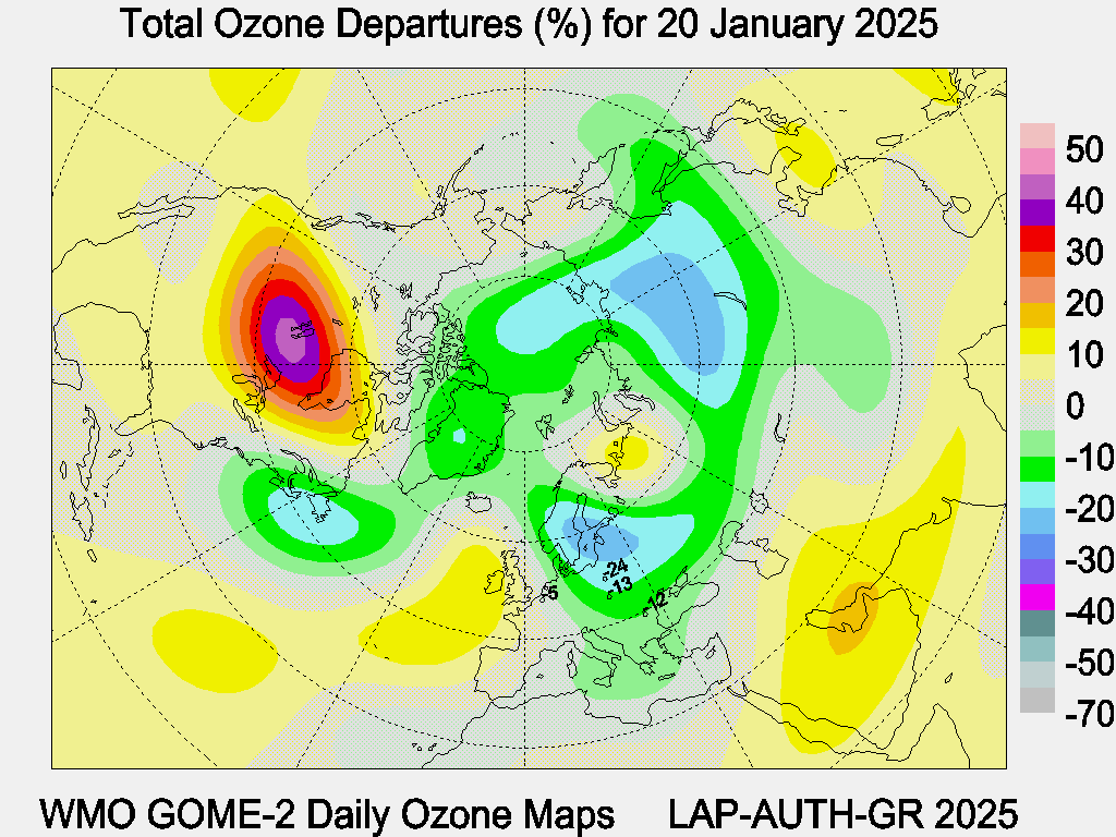 Total Ozone Departures (%) map for yesterday