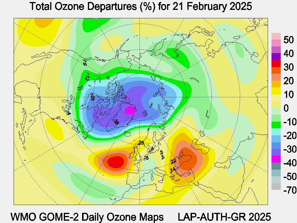 Total Ozone Departures (%) map for yesterday