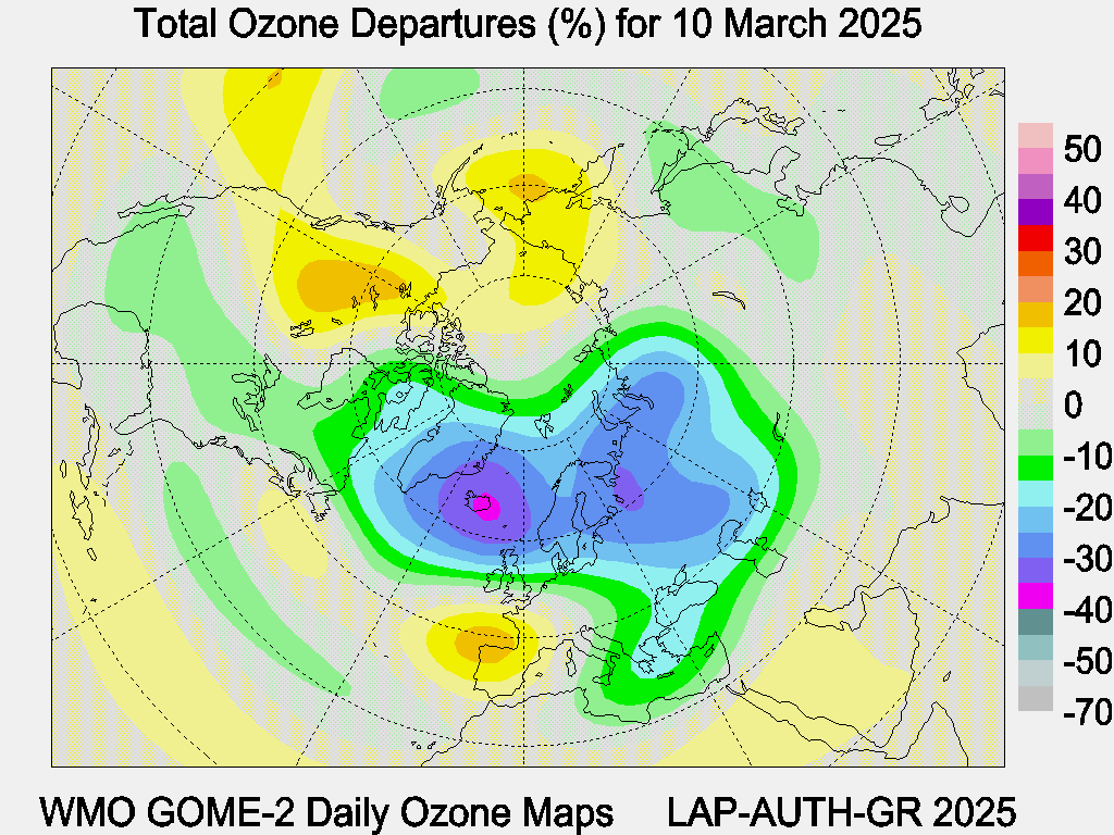 Total Ozone Departures (%) map for yesterday