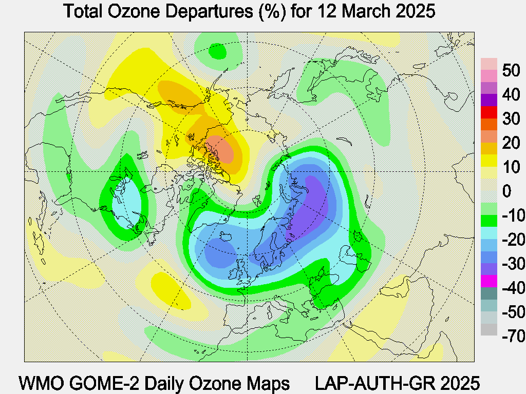 Total Ozone Departures (%) map for yesterday