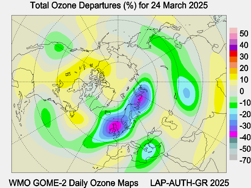 Total Ozone Departures (%) map for yesterday