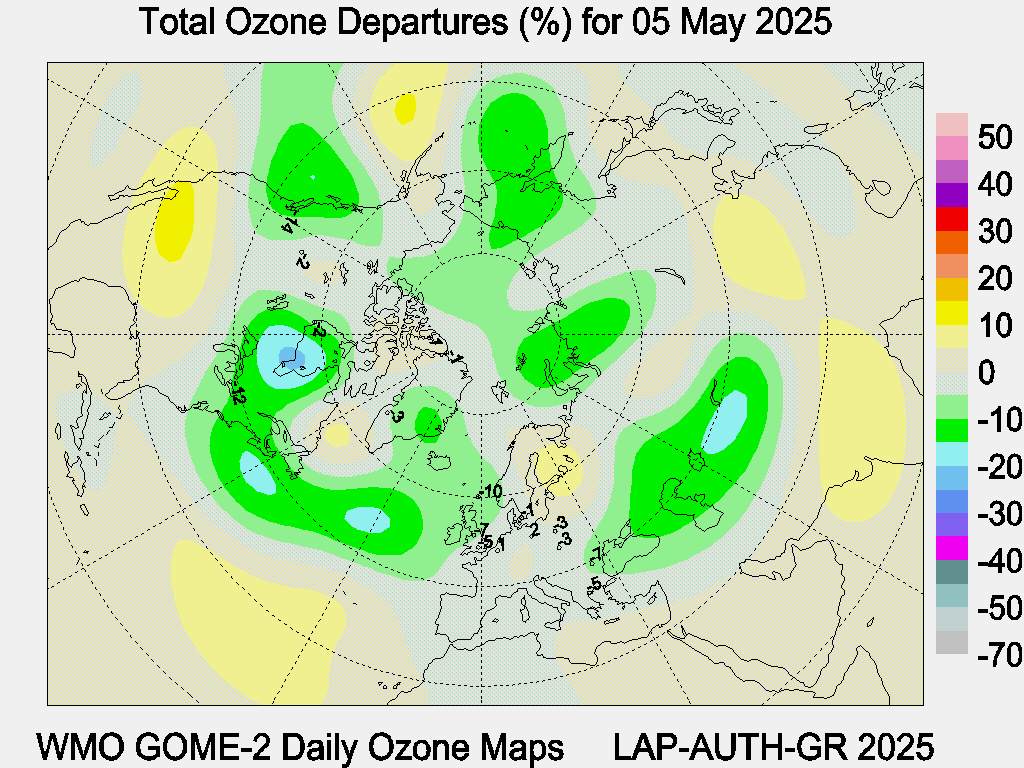 Total Ozone Departures (%) map for yesterday