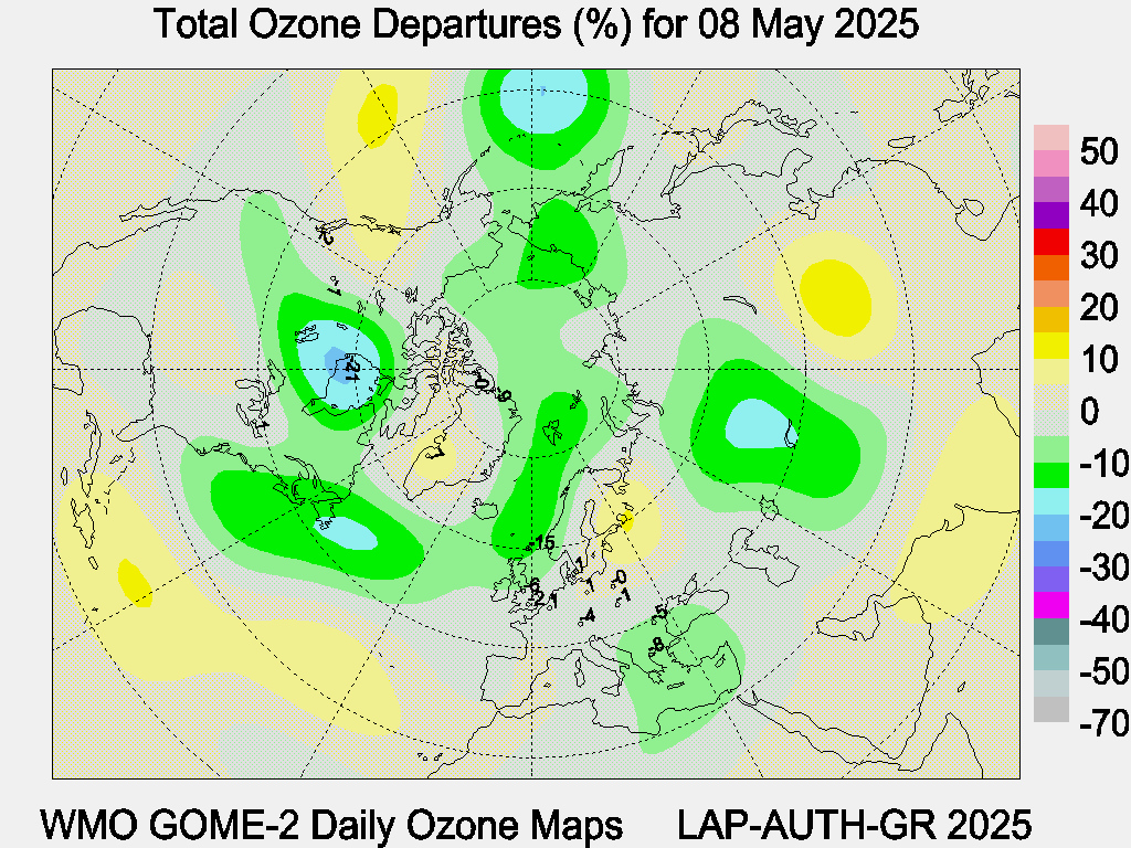 Total Ozone Departures (%) map for yesterday