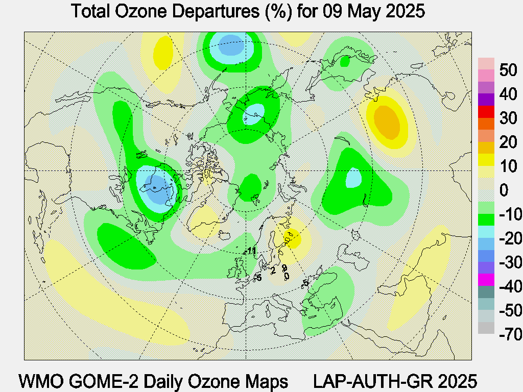 Total Ozone Departures (%) map for yesterday