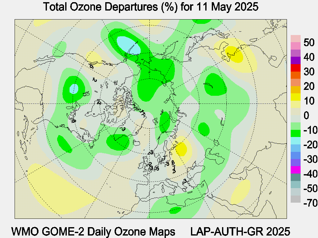 Total Ozone Departures (%) map for yesterday