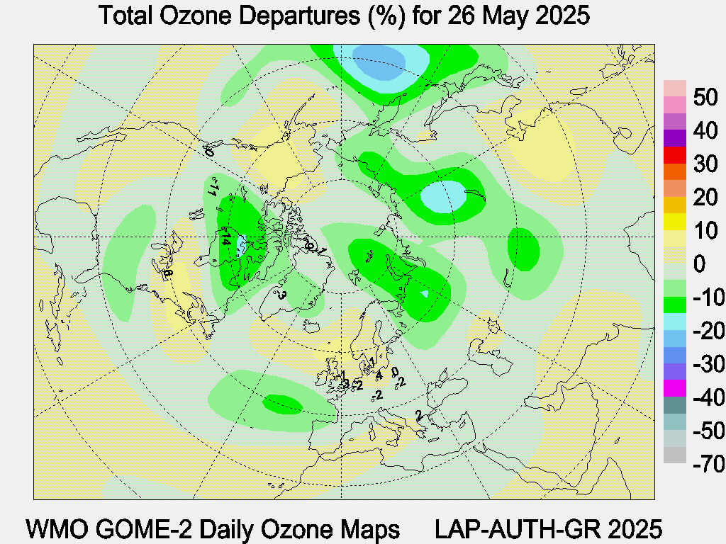 Total Ozone Departures (%) map for yesterday
