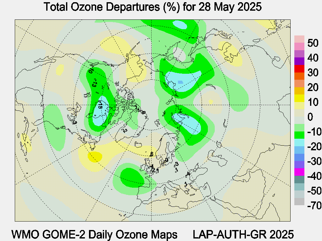 Total Ozone Departures (%) map for yesterday
