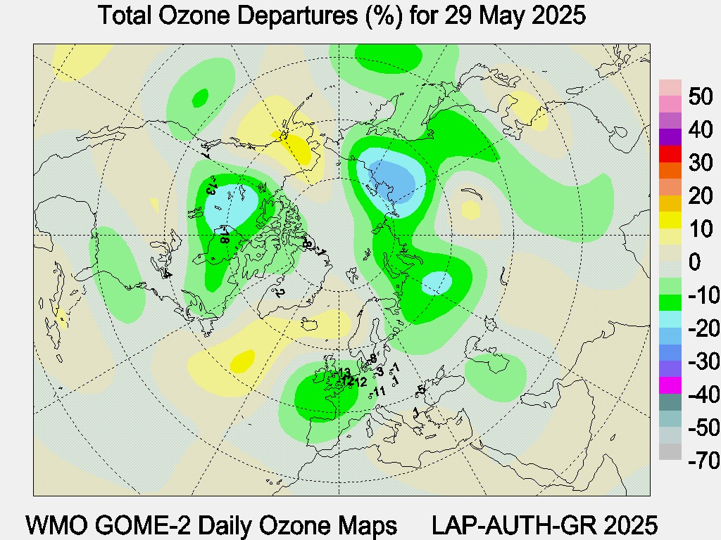 Total Ozone Departures (%) map for yesterday