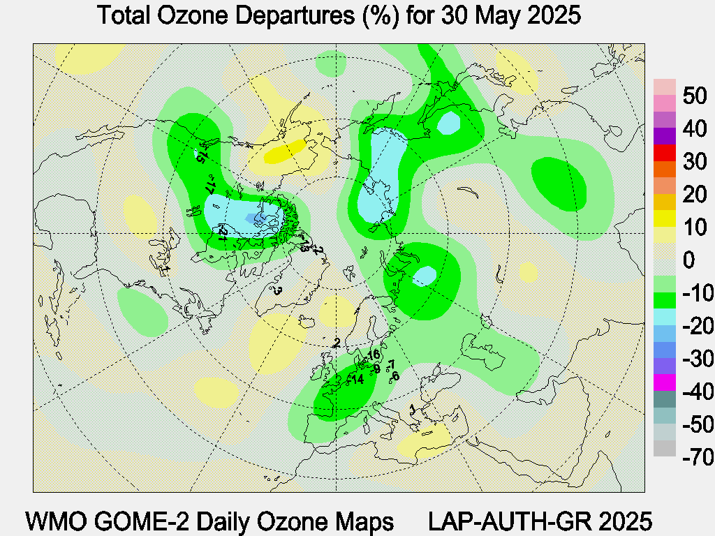 Total Ozone Departures (%) map for yesterday
