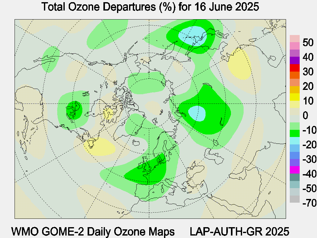 Total Ozone Departures (%) map for yesterday
