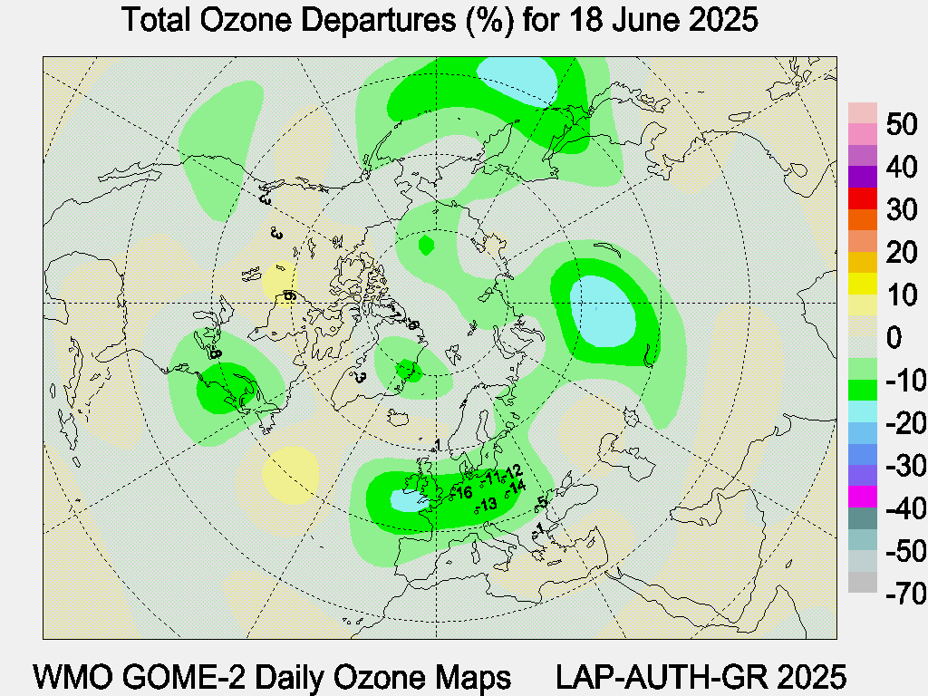 Total Ozone Departures (%) map for yesterday