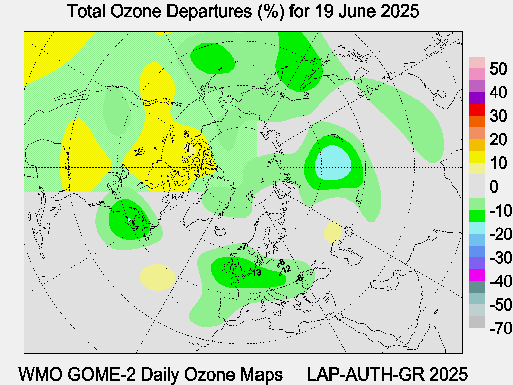 Total Ozone Departures (%) map for yesterday