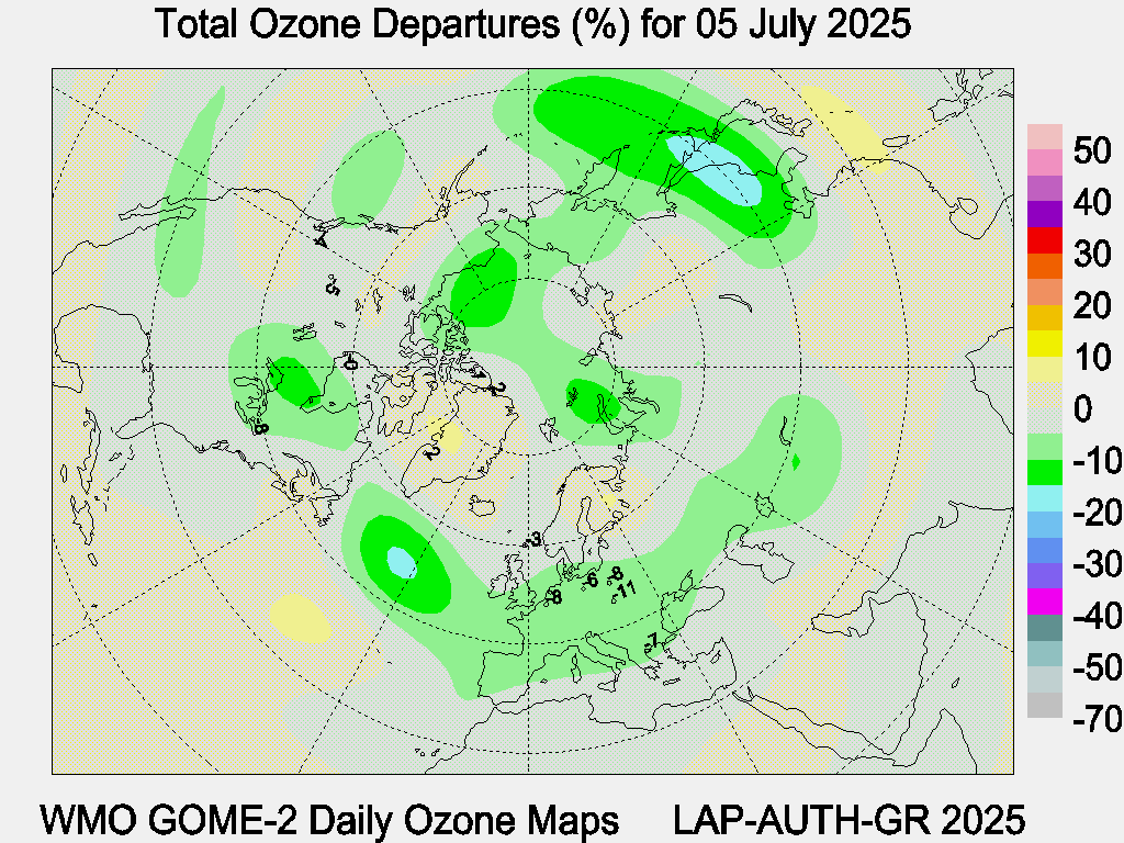 Total Ozone Departures (%) map for yesterday