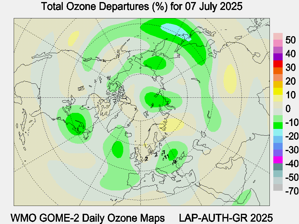 Total Ozone Departures (%) map for yesterday