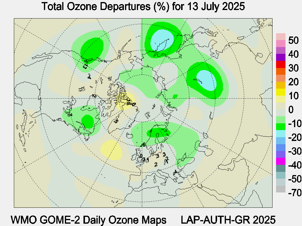 Total Ozone Departures (%) map for yesterday