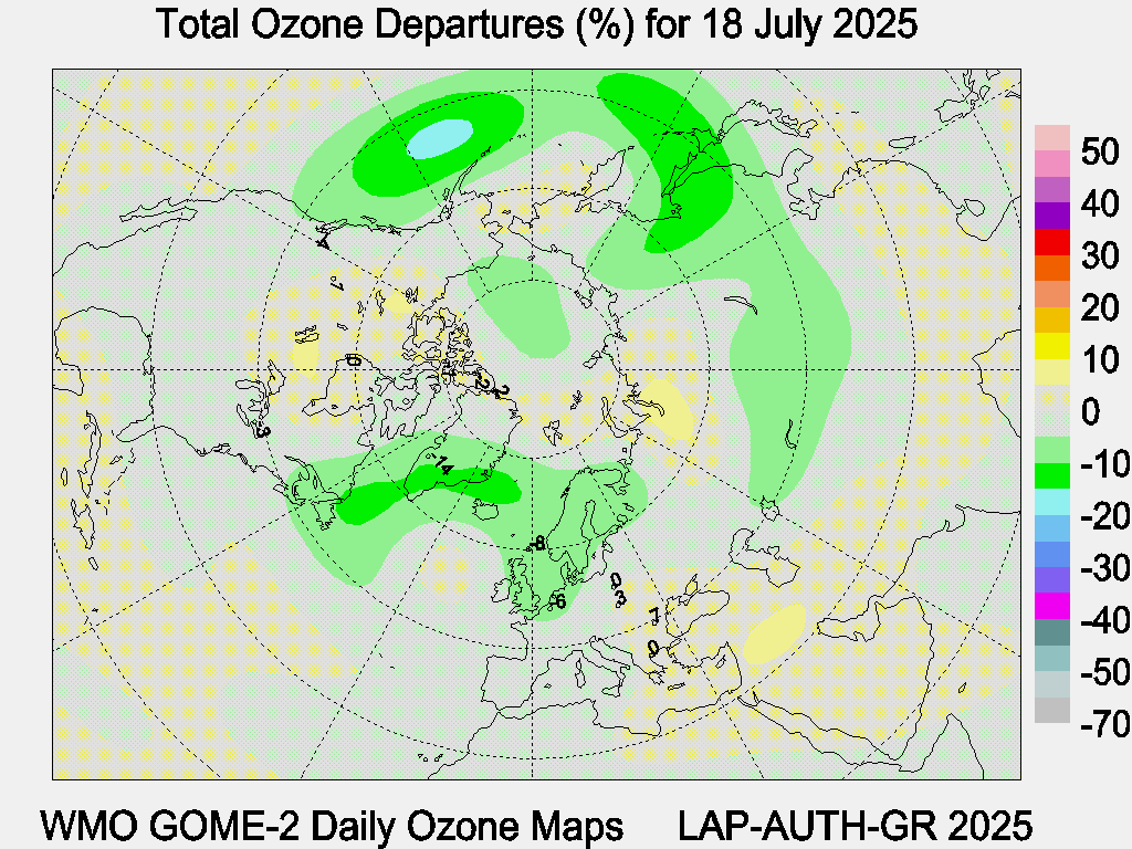 Total Ozone Departures (%) map for yesterday