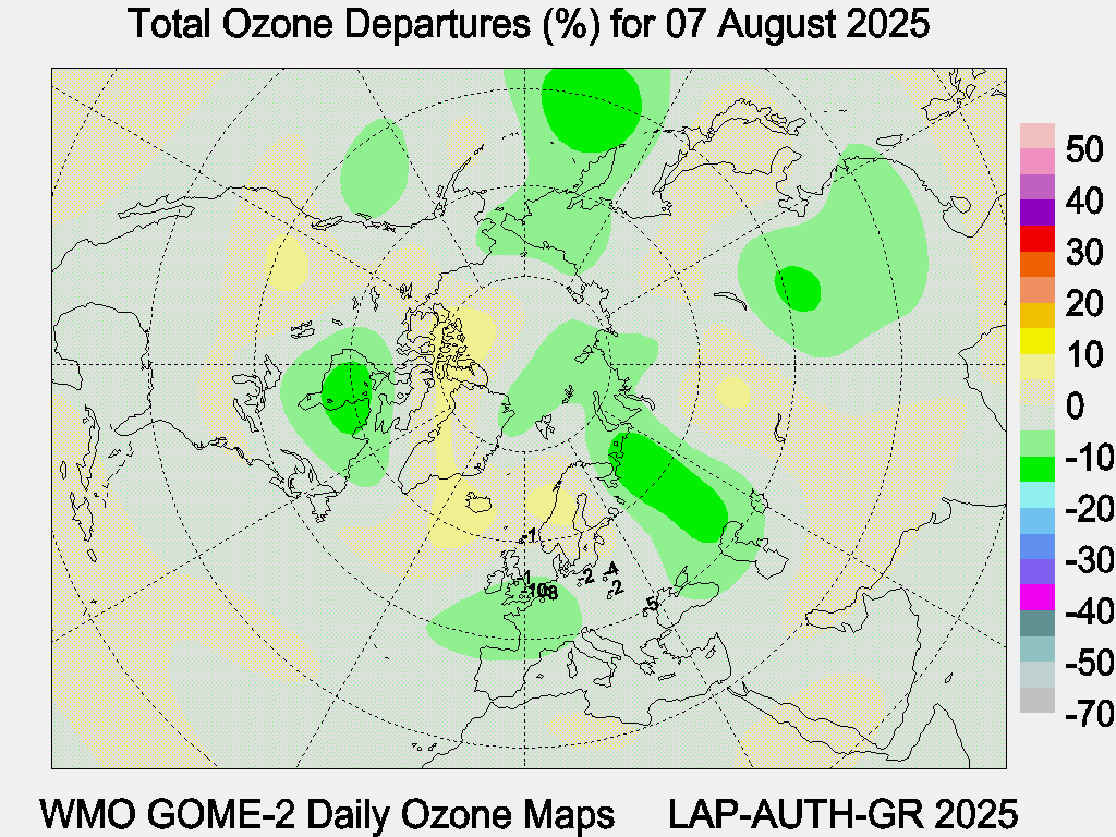 Total Ozone Departures (%) map for yesterday