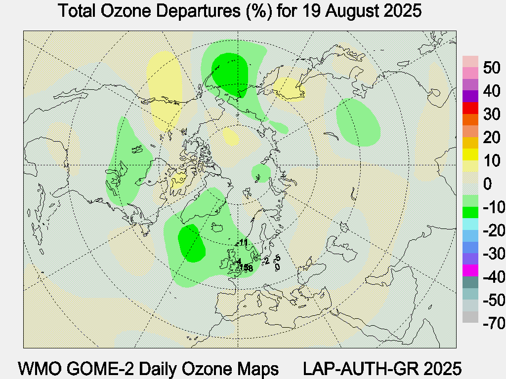Total Ozone Departures (%) map for yesterday