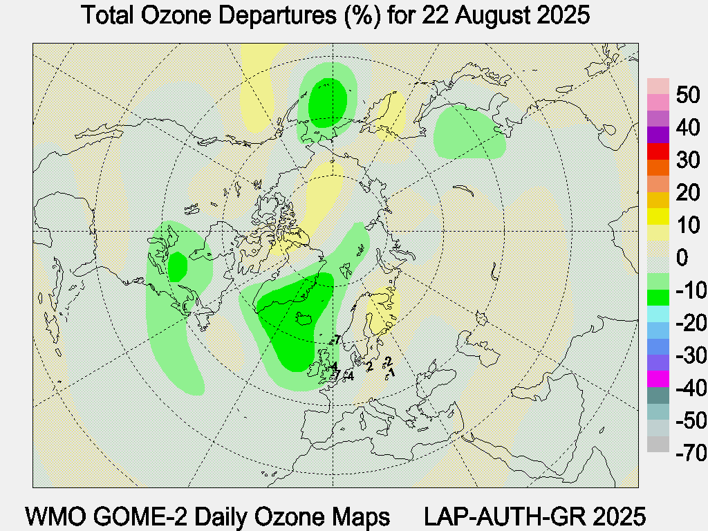 Total Ozone Departures (%) map for yesterday