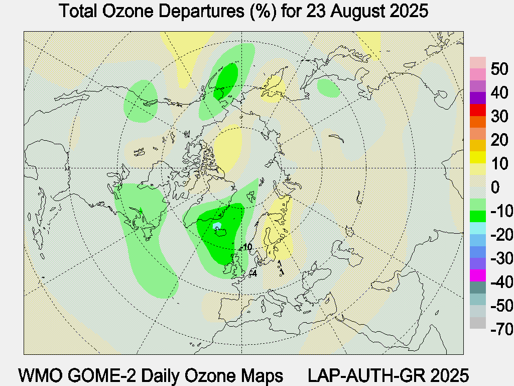 Total Ozone Departures (%) map for yesterday