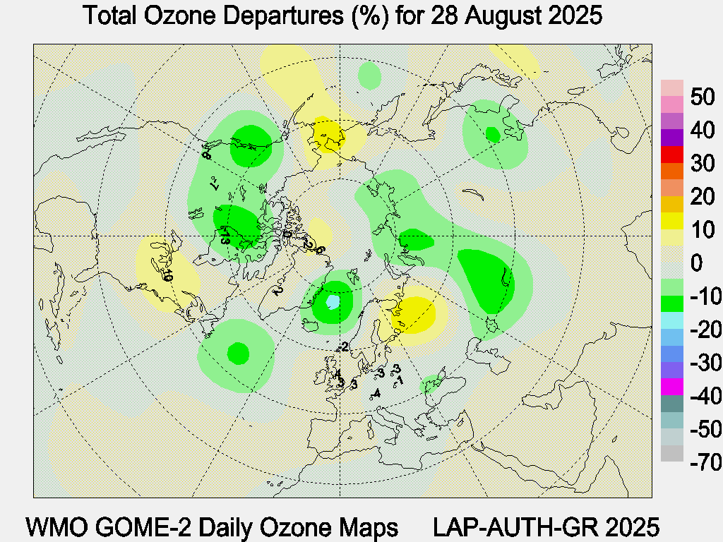 Total Ozone Departures (%) map for yesterday