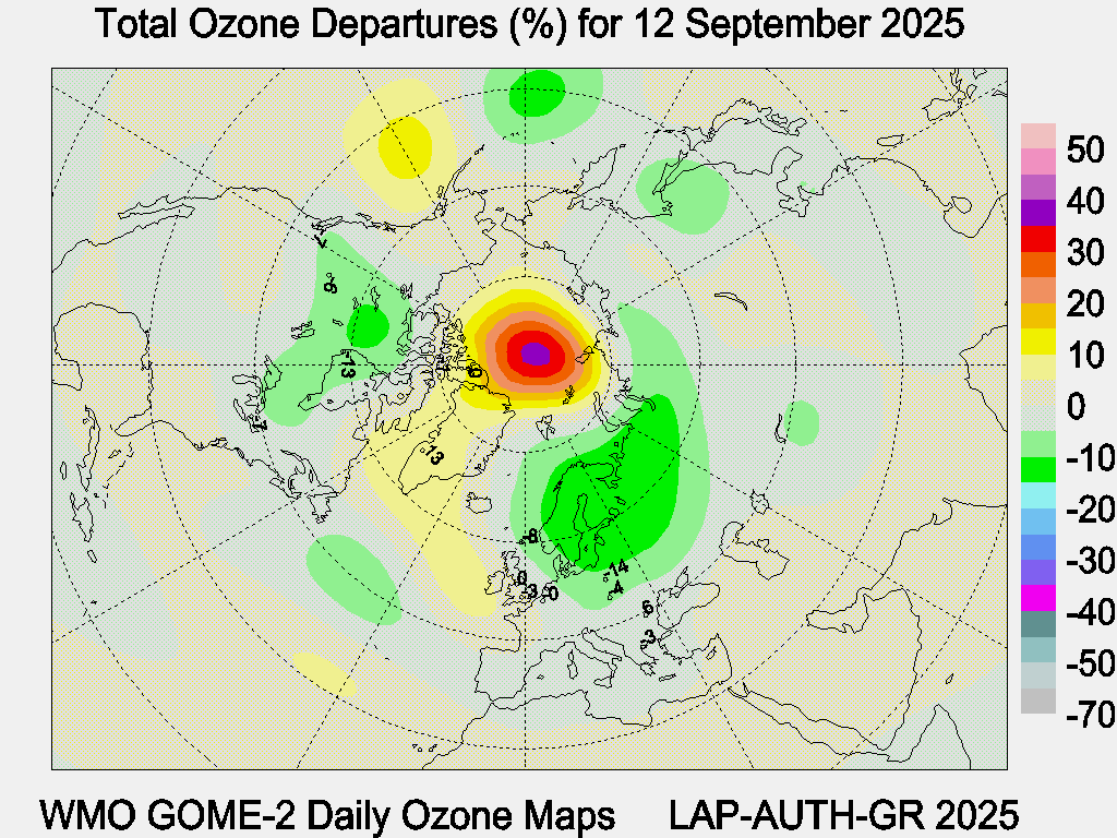 Total Ozone Departures (%) map for yesterday