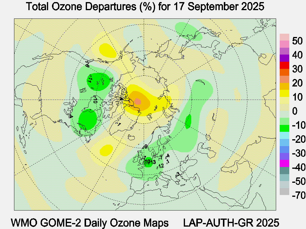 Total Ozone Departures (%) map for yesterday