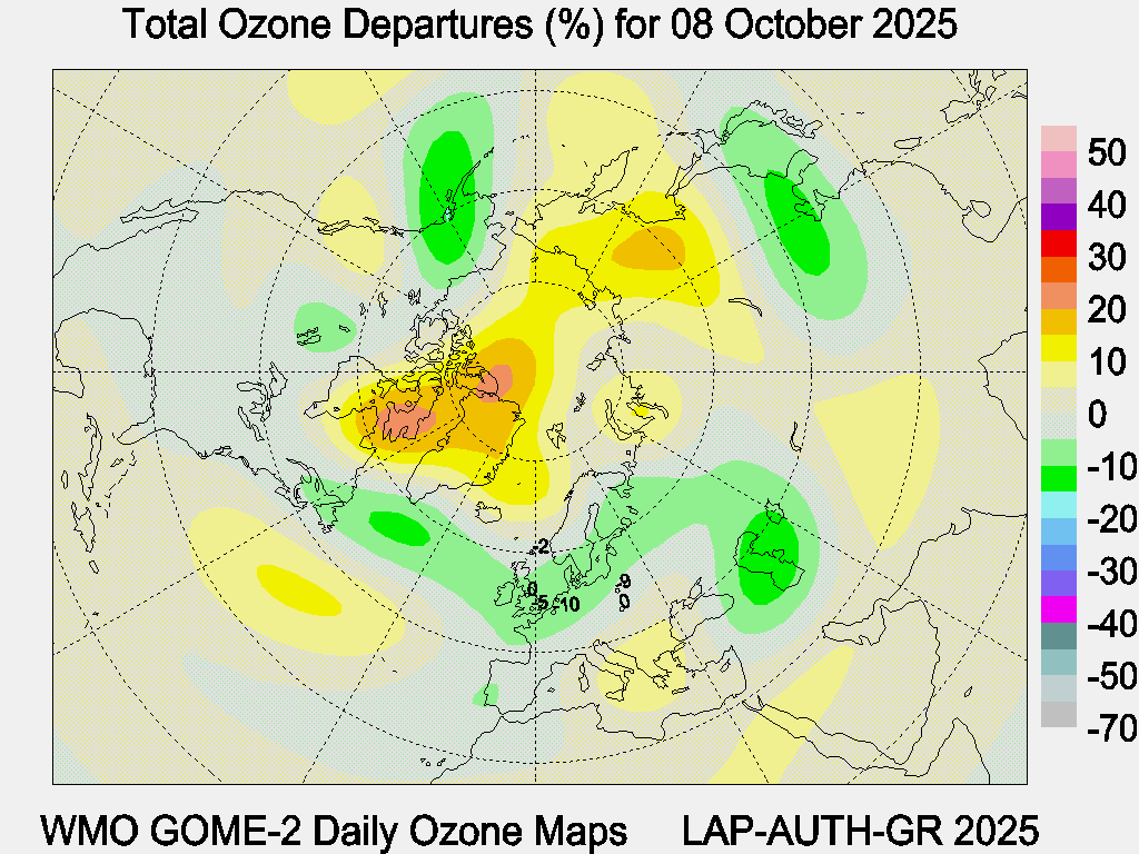 Total Ozone Departures (%) map for yesterday