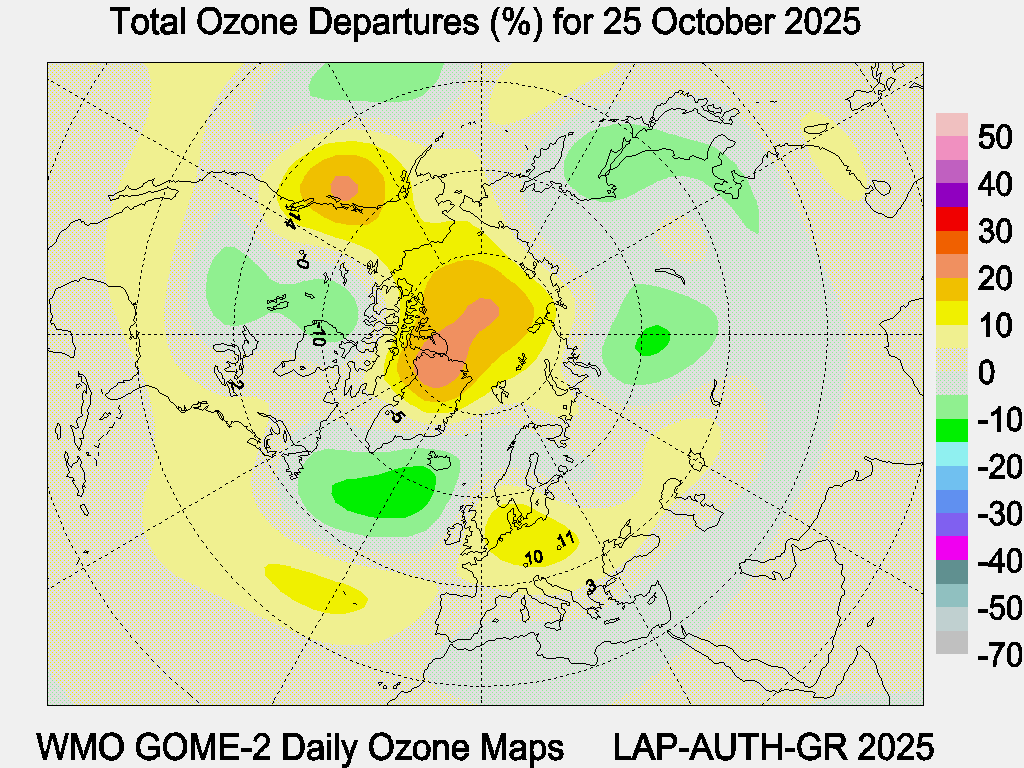 Total Ozone Departures (%) map for yesterday
