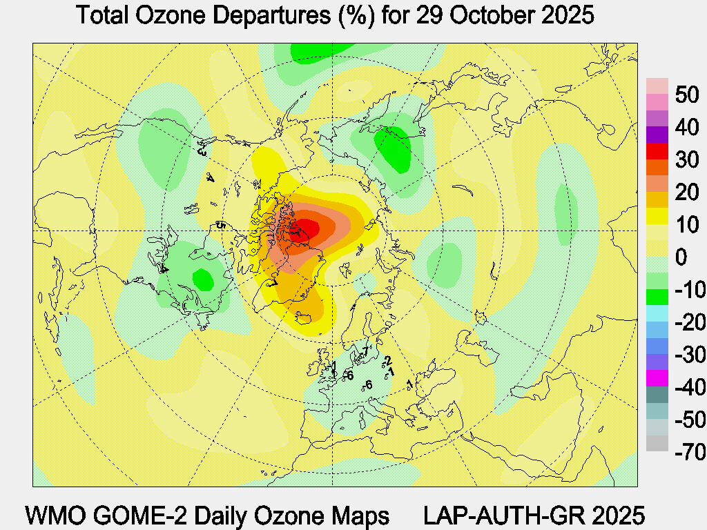 Total Ozone Departures (%) map for yesterday