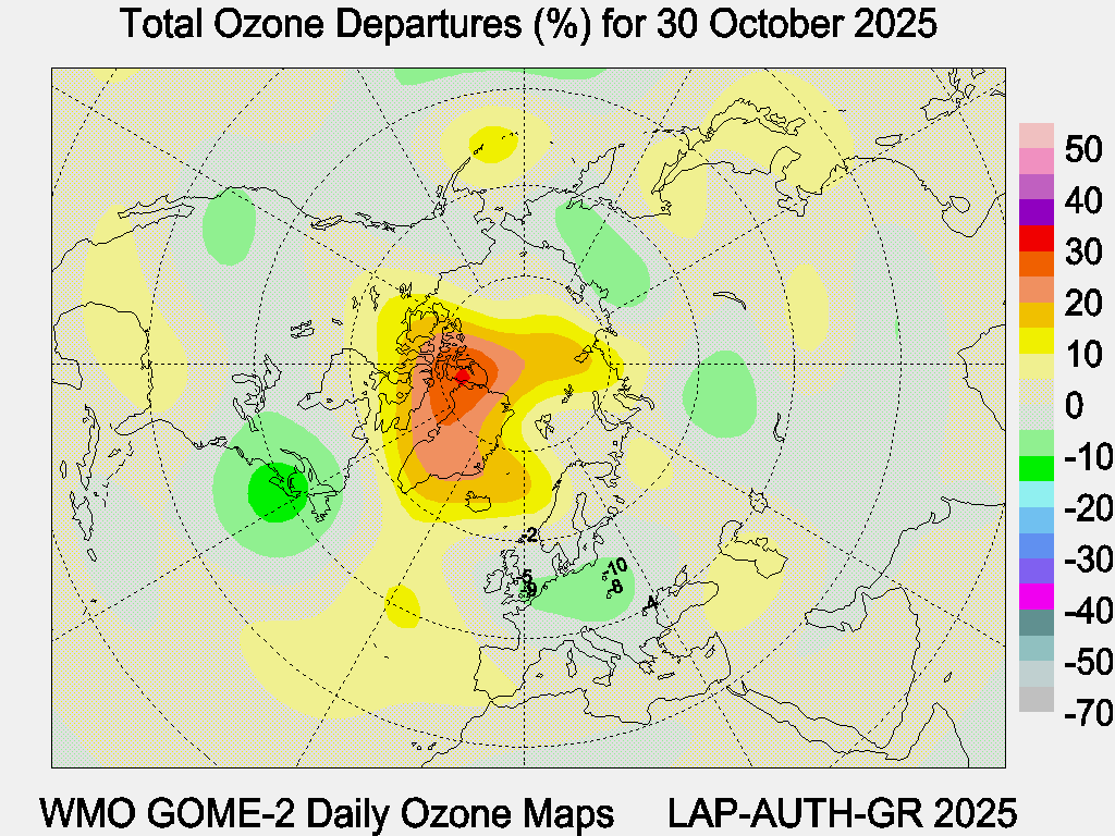 Total Ozone Departures (%) map for yesterday
