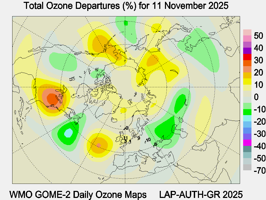 Total Ozone Departures (%) map for yesterday
