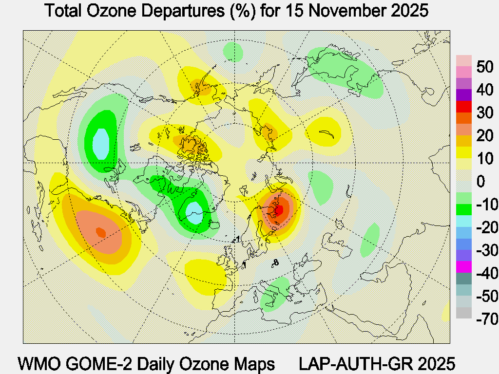 Total Ozone Departures (%) map for yesterday