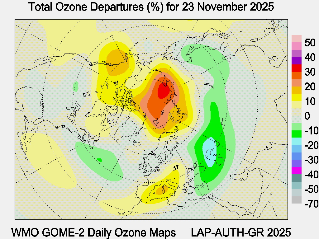 Total Ozone Departures (%) map for yesterday