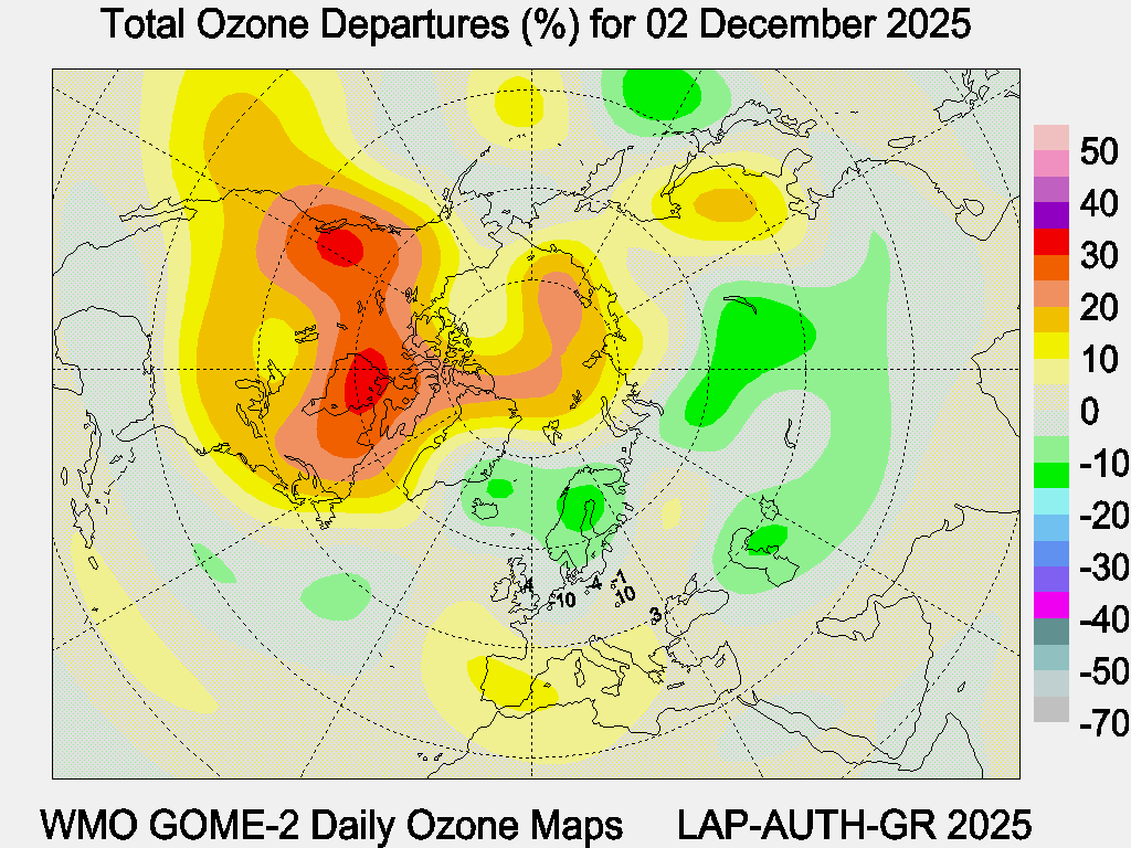 Total Ozone Departures (%) map for yesterday