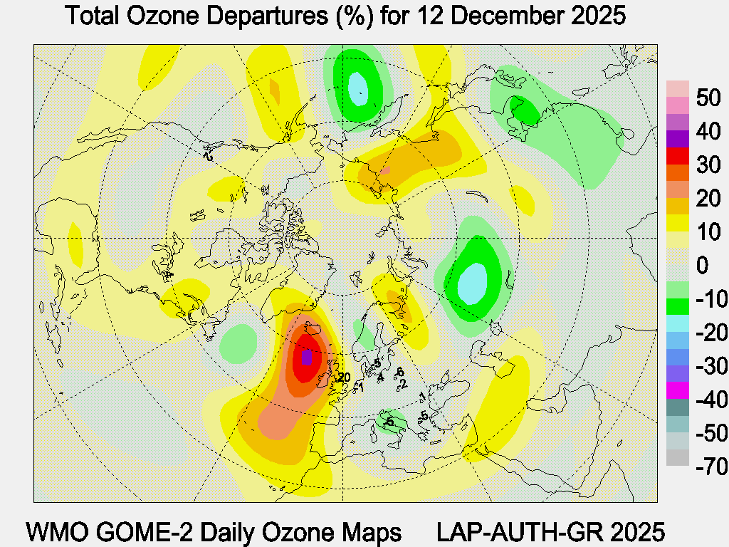 Total Ozone Departures (%) map for yesterday